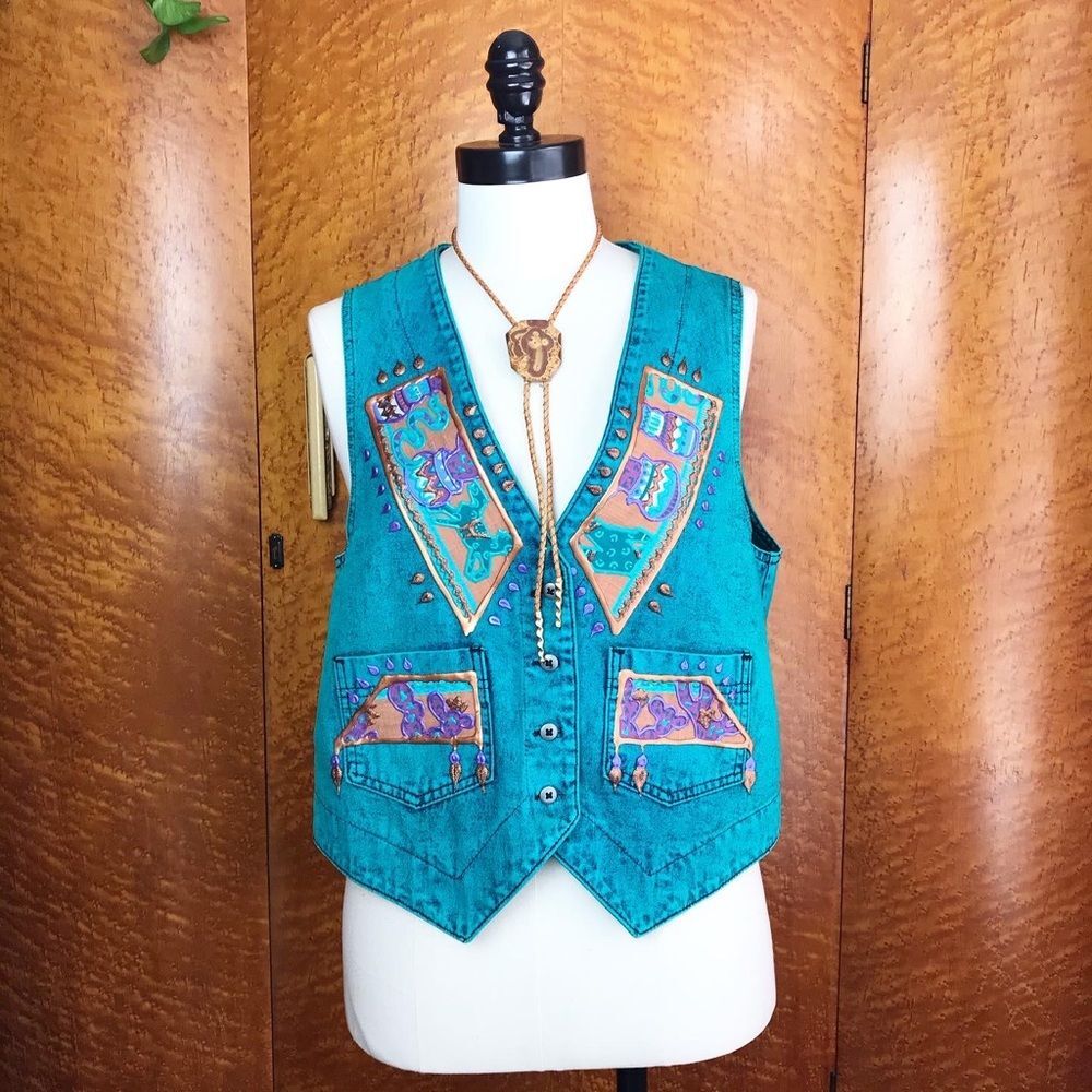 VINTAGE 80’s Acid Wash Southwestern Denim Vest S